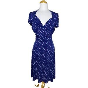 Leota Blue Polka Dot Short Sleeve Sweetheart Neckline Swing Dress, Size XL